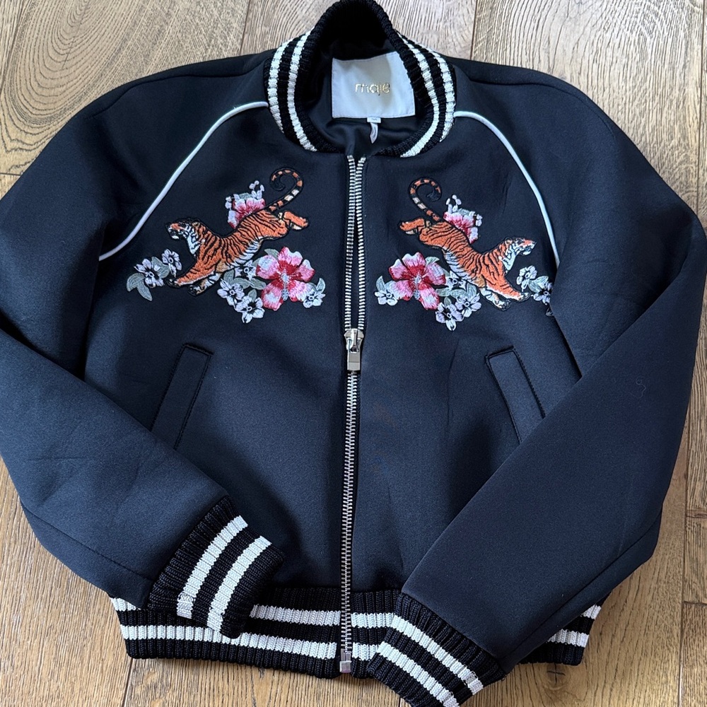 Maje Black Bomber Jacket with Embroidered Tigers & Pink Floral Accents